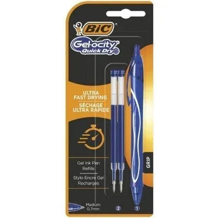 Bolígrafos de Tinta de Gel Retráctil Bic Gelocity Quick Dry 951757/ 1 unidades/ 2 recambios/ Azul - PixelPlaza