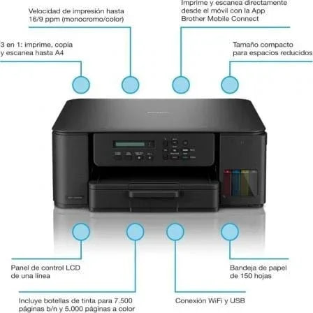 Multifunción Recargable Brother DCP-T580DW WiFi/ Dúplex/ Negra - PixelPlaza