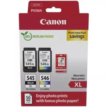 Cartucho de Tinta Original Canon PG-545XL + CL546XL Multipack Alta Capacidad/ Negro/ Tricolor + Papel Fotográfico - PixelPlaza