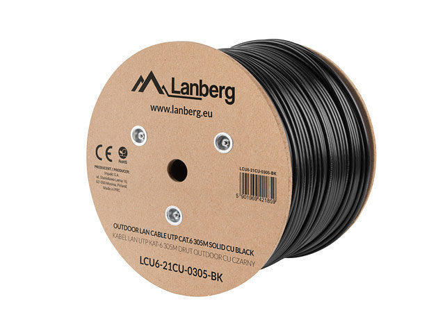 Bobina para exterior Lanberg cat.6 utp RJ45 solido cobre fluke tested awg23 305m negro