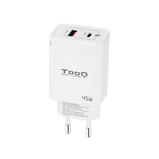Cargador de pared TooQ doble USB - c + USB a blanco 45w gan
