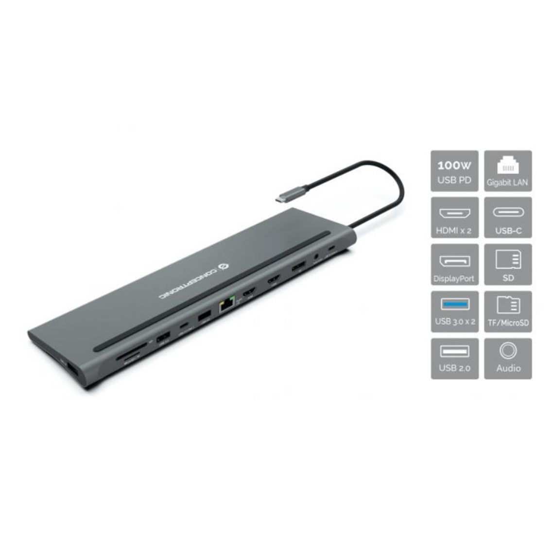 Docking station Conceptronic USB tipo c donn17g 2 x HDMI · 1 x dp · 2 x USB 3.0 · 1 x USB 2.0 · 1 x RJ45 · 1 x aux · lector sd - lector micro sd