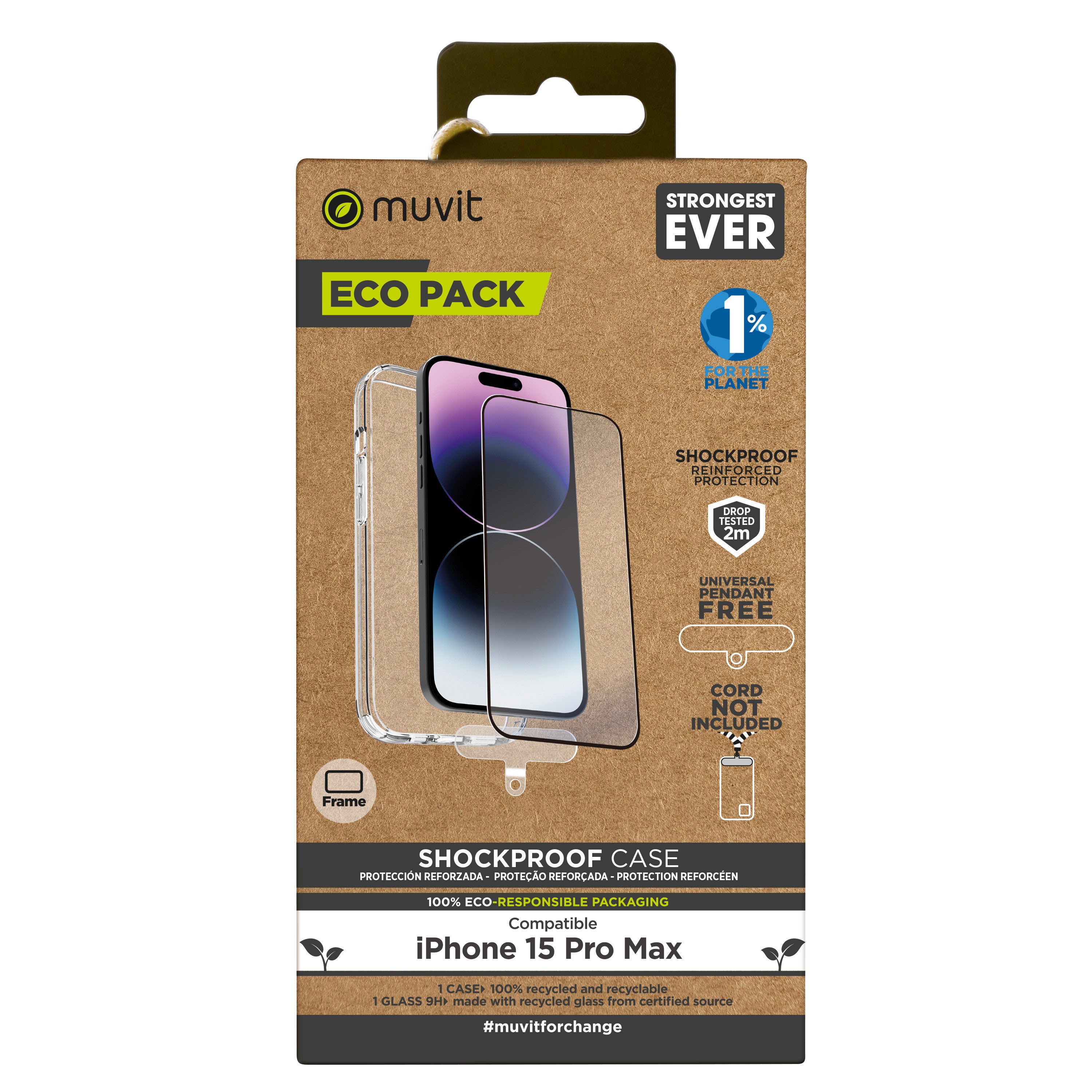 Funda Muvit shockproof 2m para apple iphone 15 pro max transparente + protector pantalla cristal templado marco negro
