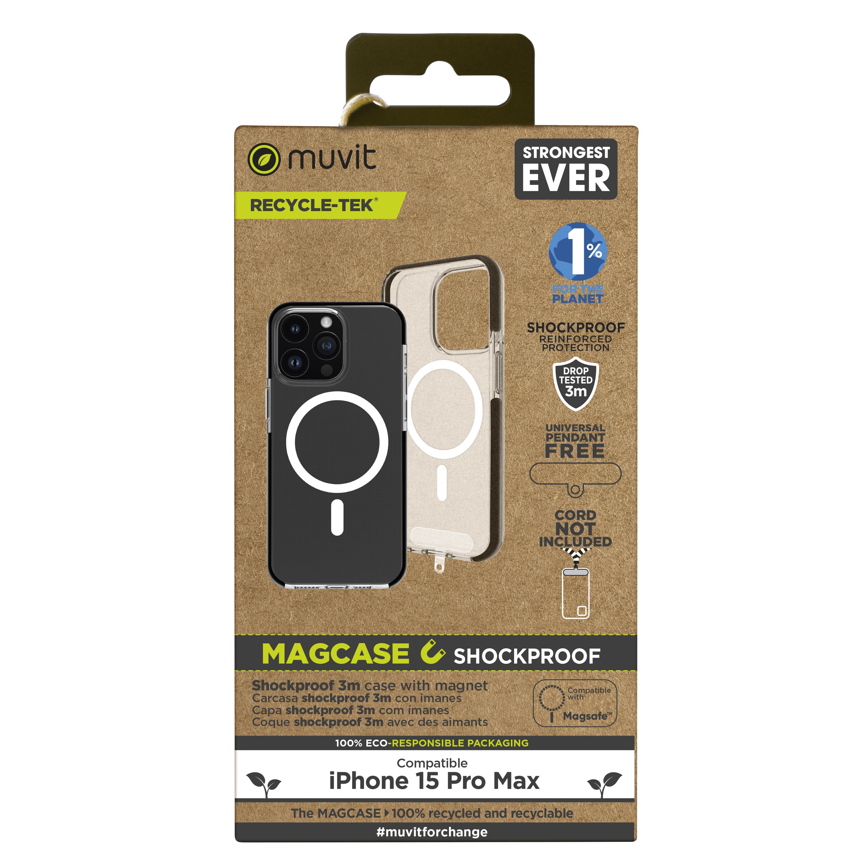 Funda Muvit recycletek magsafe shockproof 3m para apple iphone 15 pro max transparente - negra