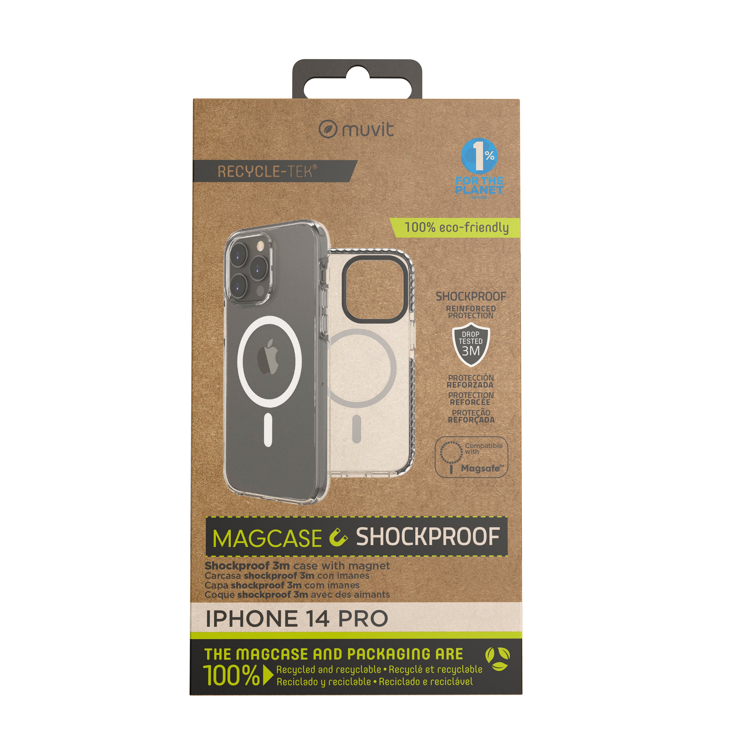 Funda Muvit recycletek magsafe shockproof 3m para apple iphone 14 pro transparente - negra