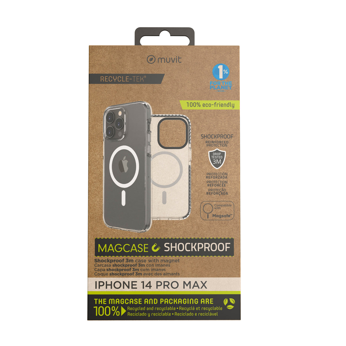 Funda Muvit recycletek magsafe shockproof 3m para apple iphone 14 pro max transparente - negra
