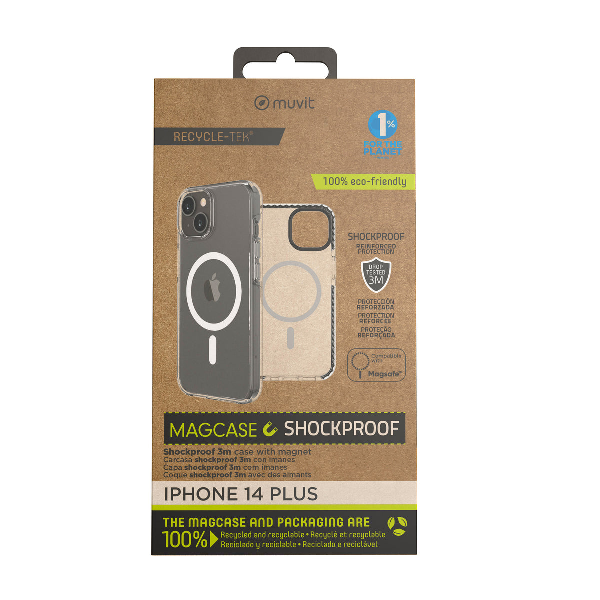 Funda Muvit recycletek magsafe shockproof 3m para apple iphone 14 plus transparente - negra