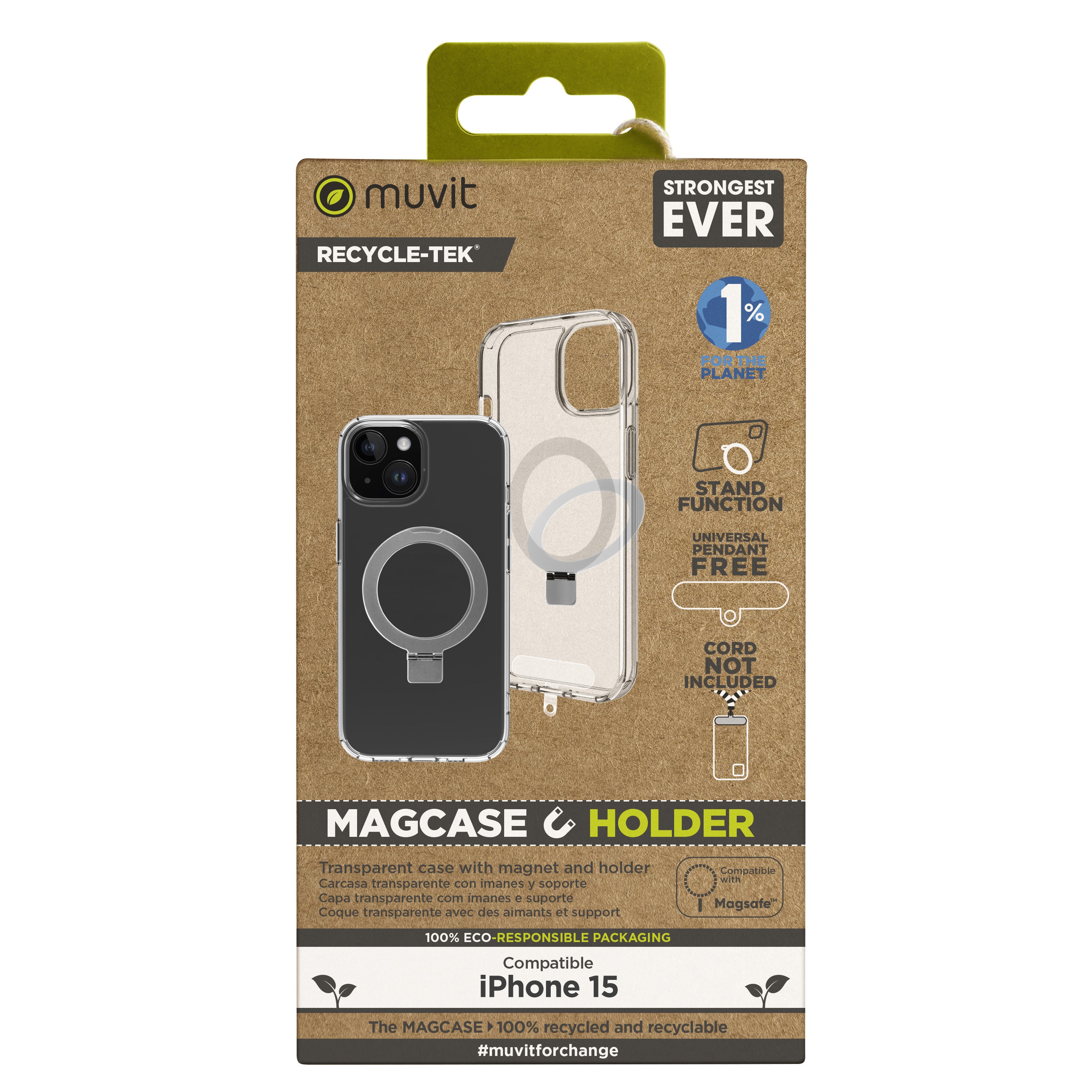Funda Muvit recycletek magsafe + soporte para iphone 15 transparente