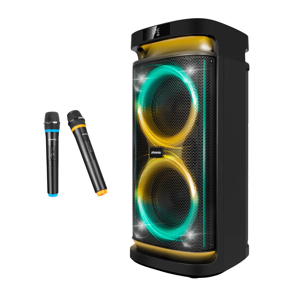 Altavoz rumbleboss phoenix 80w rms batería 4000 mah función karaoke 2 micrófonos inalámbricos incluidos