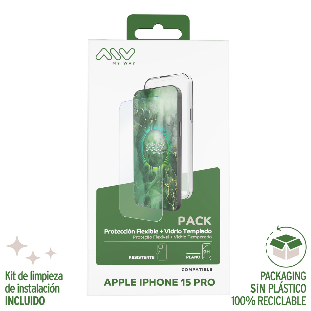 Carcasa Myway para apple iphone 15 pro transparente + protector pantalla cristal templado