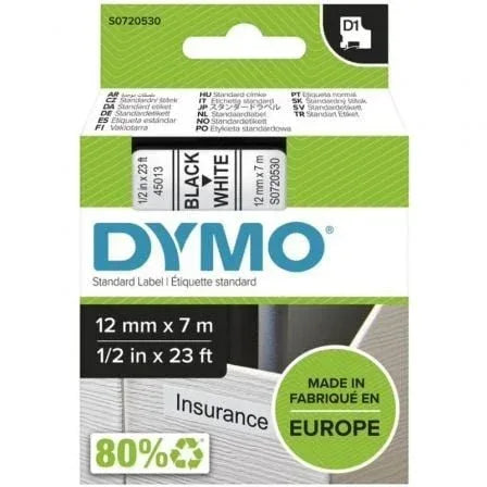 Cinta Rotuladora Adhesiva de Plßstico Dymo D1 45013/ para Label Manager/ 12mm x 7m/ Negra-Blanca - PixelPlaza