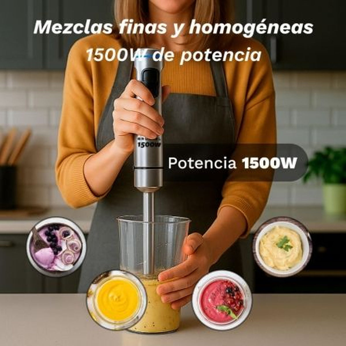 Batidora de mano Grunkel BM-1500SET/ 1500W/ Capacidad 0.8L/ Incluye Vaso, Picadora, Varilla y Soporte