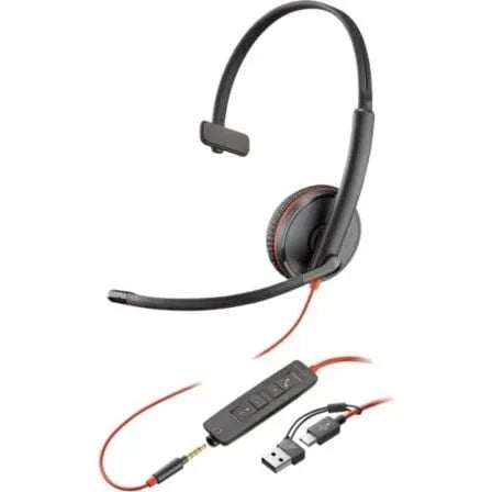Auricular Poly Blackwire 3215 + 3.5mm + Adaptador USB-C/A/ con Micrófono/ Jack 3.5 - USB Tipo-C/ Bulk/ Negro - PixelPlaza