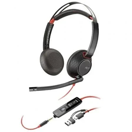 Auriculares Poly Blackwire 5220 USB-C + 3.5 mm + Adaptador USB-C/A/ con Micrófono/ Jack 3.5 - USB Tipo-C/ Bulk/ Negros - PixelPlaza