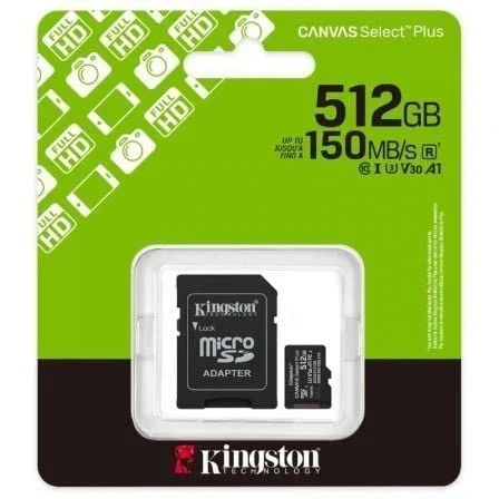 Tarjeta de Memoria Kingston CANVAS Select Plus 512GB microSD XC con Adaptador/ Clase 10/ 150MBs - PixelPlaza