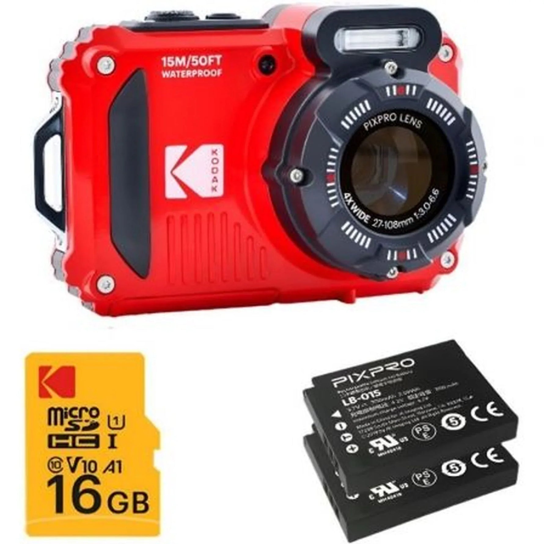 Pack Cámara Digital Kodak Pixpro WPZ2RD6 + 2 Baterías + 1 MicroSD/ 16MP/ Zoom Óptico 4x/ Rojo - PixelPlaza
