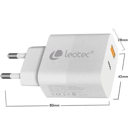 Cargador de Pared GaN Leotec LECSPH30W2W/ 1xUSB Tipo-C/ 1xUSB/ 30W - PixelPlaza