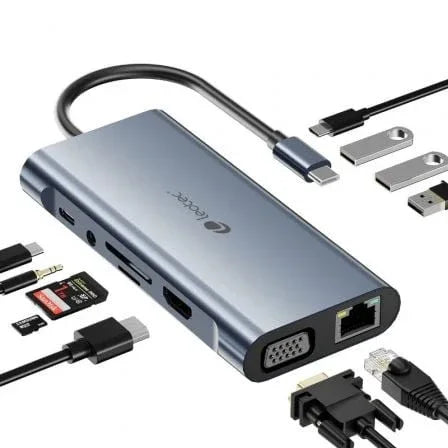 Docking USB Tipo-C Leotec LEDS01/ 3xUSB/ 2xUSB Tipo-C/ 1xUSB Tipo-C PD/ 1xHDMI 4K/ 1xVGA/ 1xRJ45/ 1xAudio/ 1xLector Tarjetas SD y MicroSD/ Gris - PixelPlaza