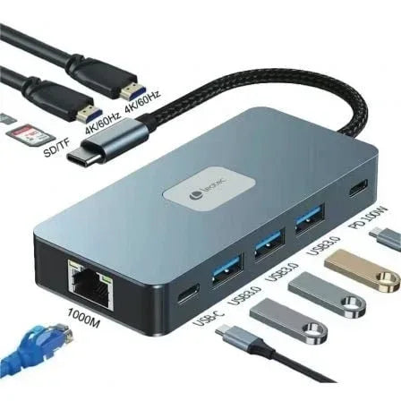 Docking USB Tipo-C Leotec LEDS02/ 3xUSB/ 1xUSB Tipo-C/ 1xUSB Tipo-C PD/ 2xHDMI 4K/ 1xRJ45/ 1xLector Tarjetas SD y MicroSD/ Gris - PixelPlaza