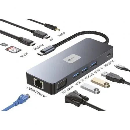 Docking USB Tipo-C Leotec LEDS03/ 3xUSB/ 1xUSB Tipo-C PD/ 1xHDMI 4K/ 1xDisplayPort/ 1xVGA/ 1xAudio/ 1xRJ45/ 1xLector Tarjetas SD y MicroSD/ Gris - PixelPlaza