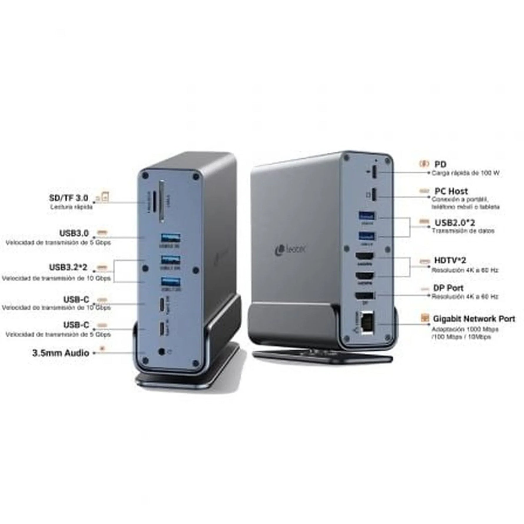 Docking USB Tipo-C Leotec LEDS06/ 5xUSB/ 2xUSB Tipo-C/ 1xUSB Tipo-C PD/ 1xDisplayPort/ 2xHDMI 4K/ 1xRJ45/ 1xJack 3.5/ 1xLector de Tarjetas/ Gris - PixelPlaza