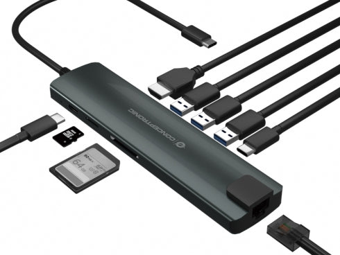 Adaptador Conceptronic USB tipo c 9 en 1 HDMI · USB - c · pd · USB 3.0 · sd · micro sd · RJ45