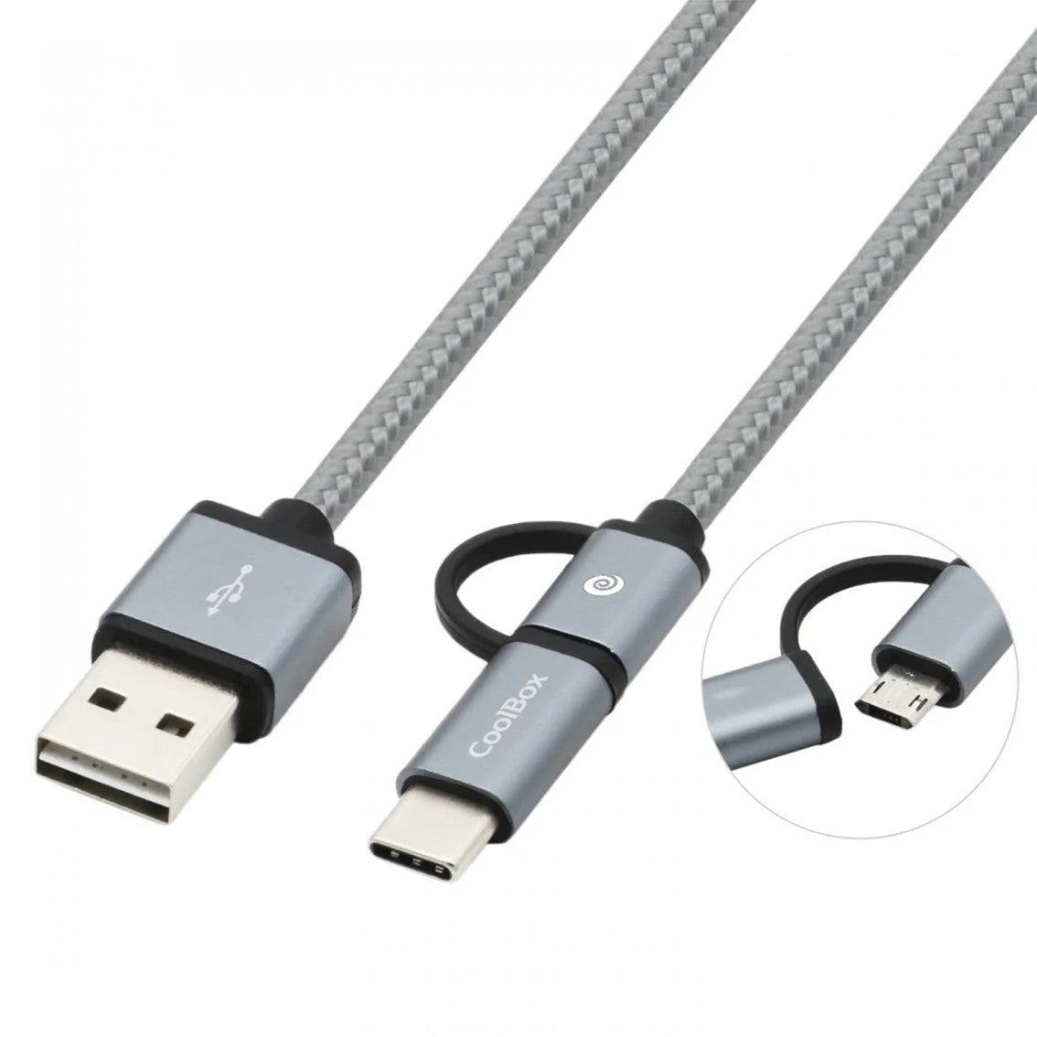 Cable multi USB 2.0 Coolbox carga mas datos micro USB USB tipo c USB tipo a 1m gris