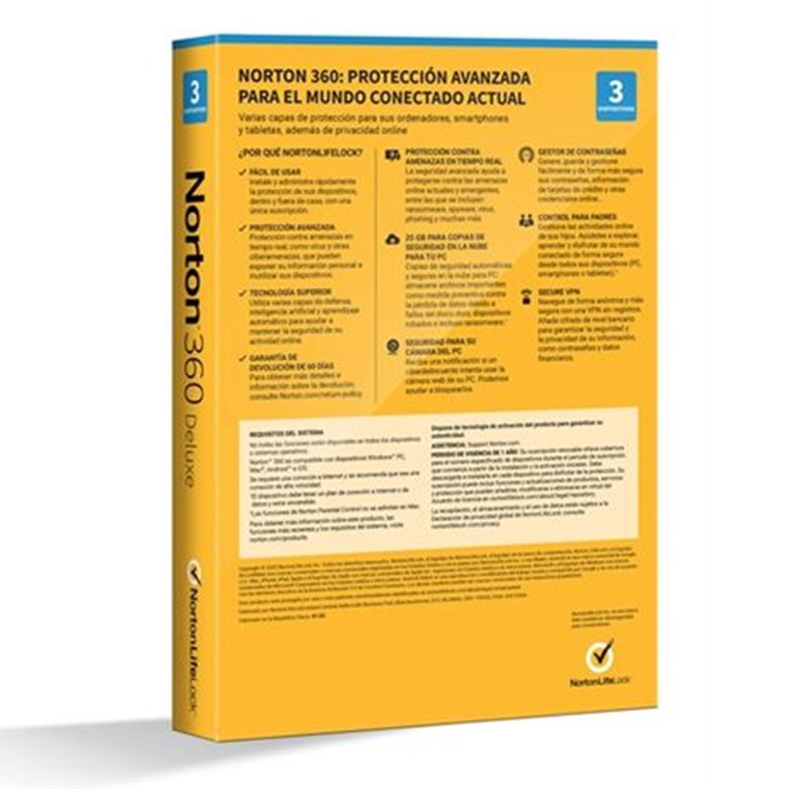 Antivirus Norton deluxe 25GB español 1 usuario 3 dispositivos 1 año en caja rsp mm gum