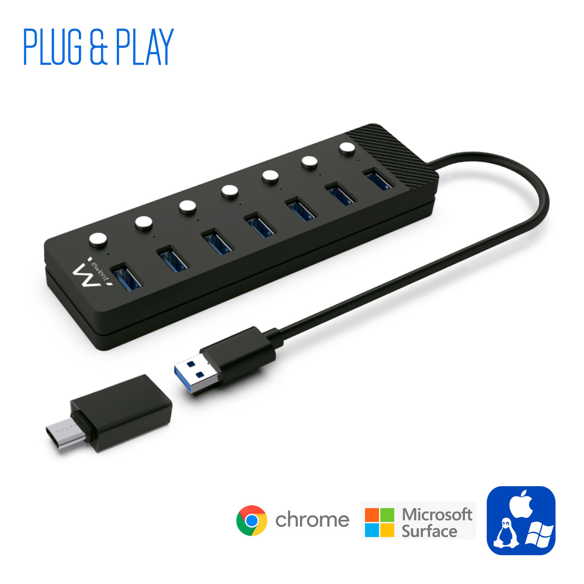 Hub Ewent 7 puertos USB 3.0 + interruptor - USB tipo a + adaptador USB tipo c