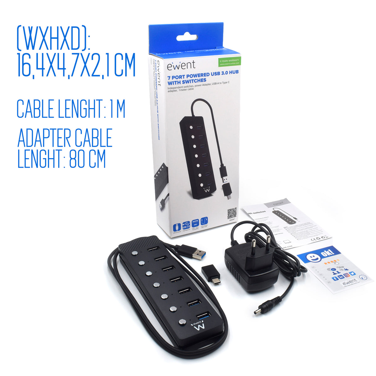 Hub Ewent 7 puertos USB 3.0 + interruptor - USB tipo a + adaptador USB tipo c