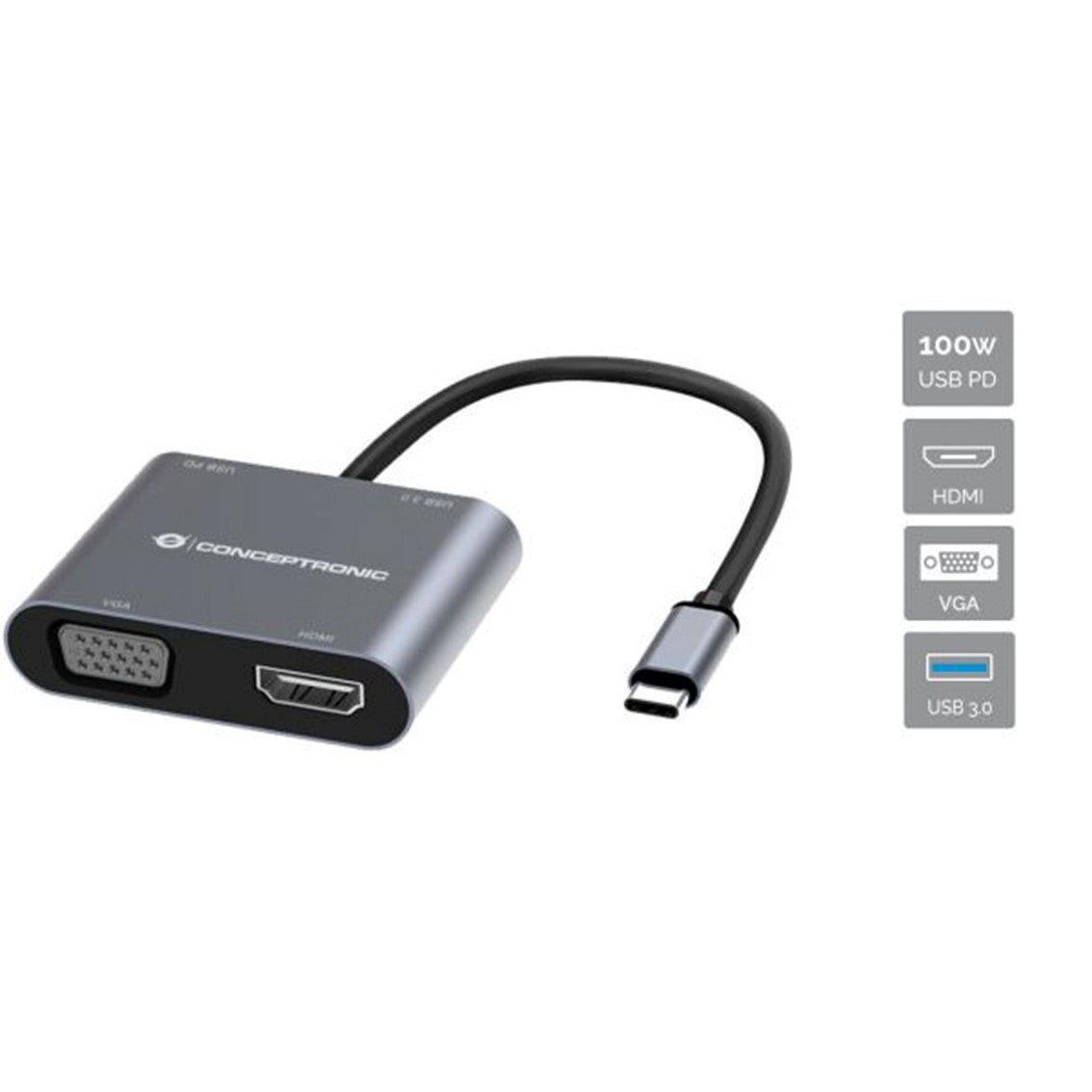 Hub USB tipo c Conceptronic donn16g 1 x HDMI - 1 x vga - 1 x USB tipo c - 1 x USB 3.0