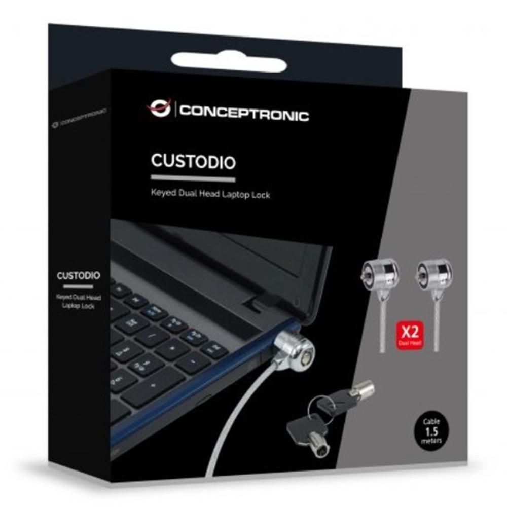 Cable seguridad para portatiles 1.5m Conceptronic doble cabezal + llave