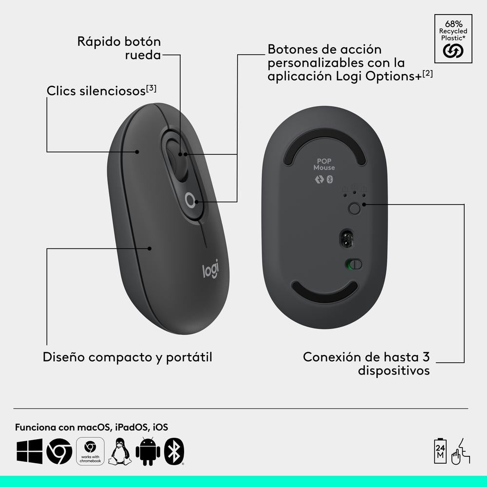 Ratón inalámbrico Logitech pop mouse grafito