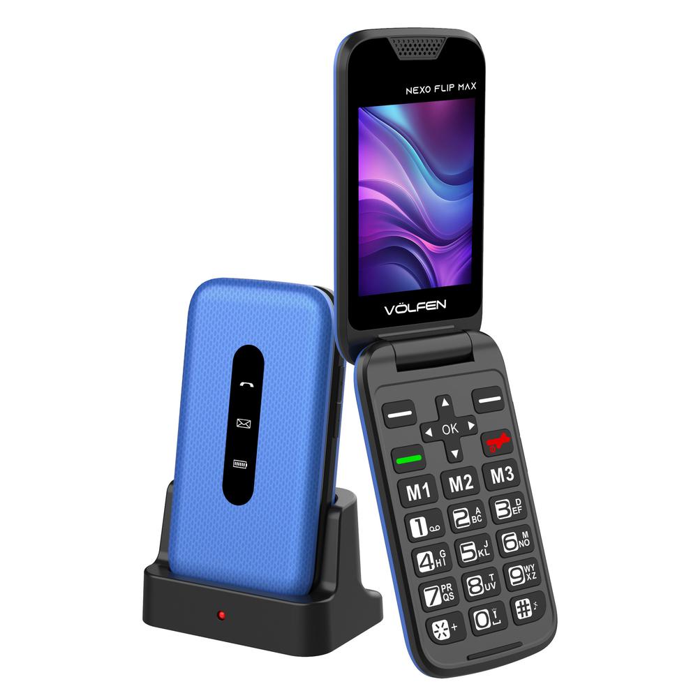 Teléfono móvil volfen nexo flip max tipo concha azul base de carga