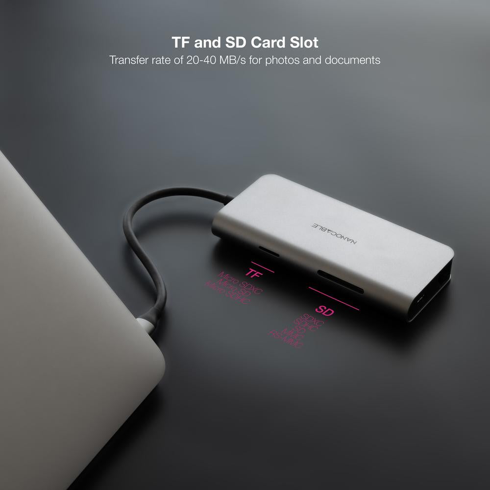 Hub nanocable usb - c 8 en 1 conversor usb - c 3.1 a 3xusb - a 3.0 + hdmi 4k@60hz + usb - c pd + rj45 1gbps + tf + sd aluminio gris 18 cm