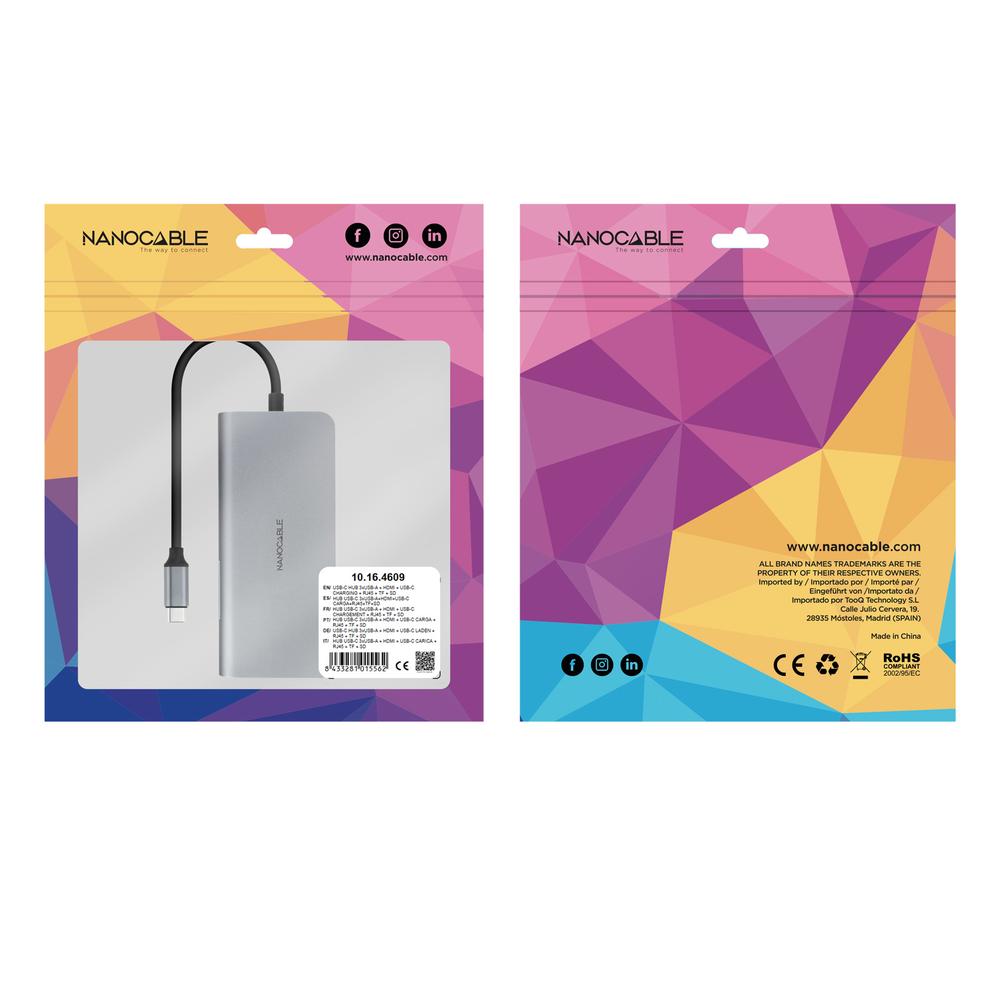 Hub nanocable usb - c 8 en 1 conversor usb - c 3.1 a 3xusb - a 3.0 + hdmi 4k@60hz + usb - c pd + rj45 1gbps + tf + sd aluminio gris 18 cm