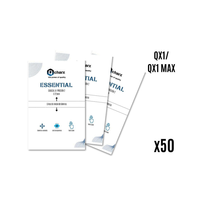 Laminas de proteccion frontales qcharx hidrogel essential hd para qx1 50 unidades