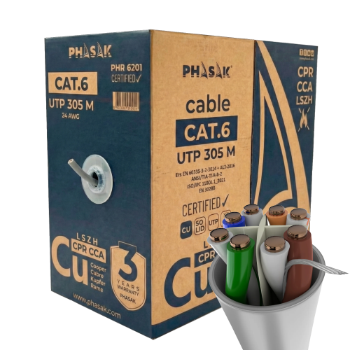 Bobina cable red Phasak utp cat.6 lszh certificación cpr (ignifugo) cca 305m gris phr 6201