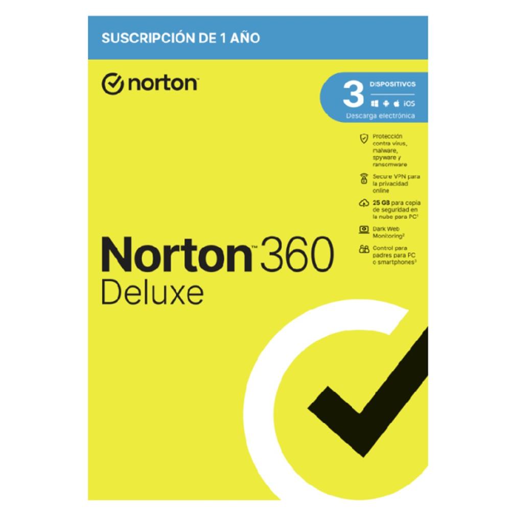 Antivirus norton deluxe 25gb español 1 usuario 3 dispositivos 1 año esd electronica