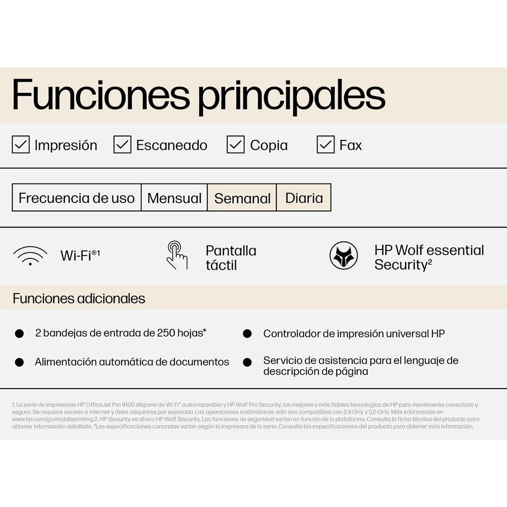 Multifuncion inyeccion hp officejet pro 9125e color fax -  a4 -  22ppm -  usb -  red -  wifi -  duplex todas las funciones
