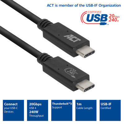 Cable usb - c act connectivity carga 240w  mas datos 20 gbps 1.m certificado usb - if
