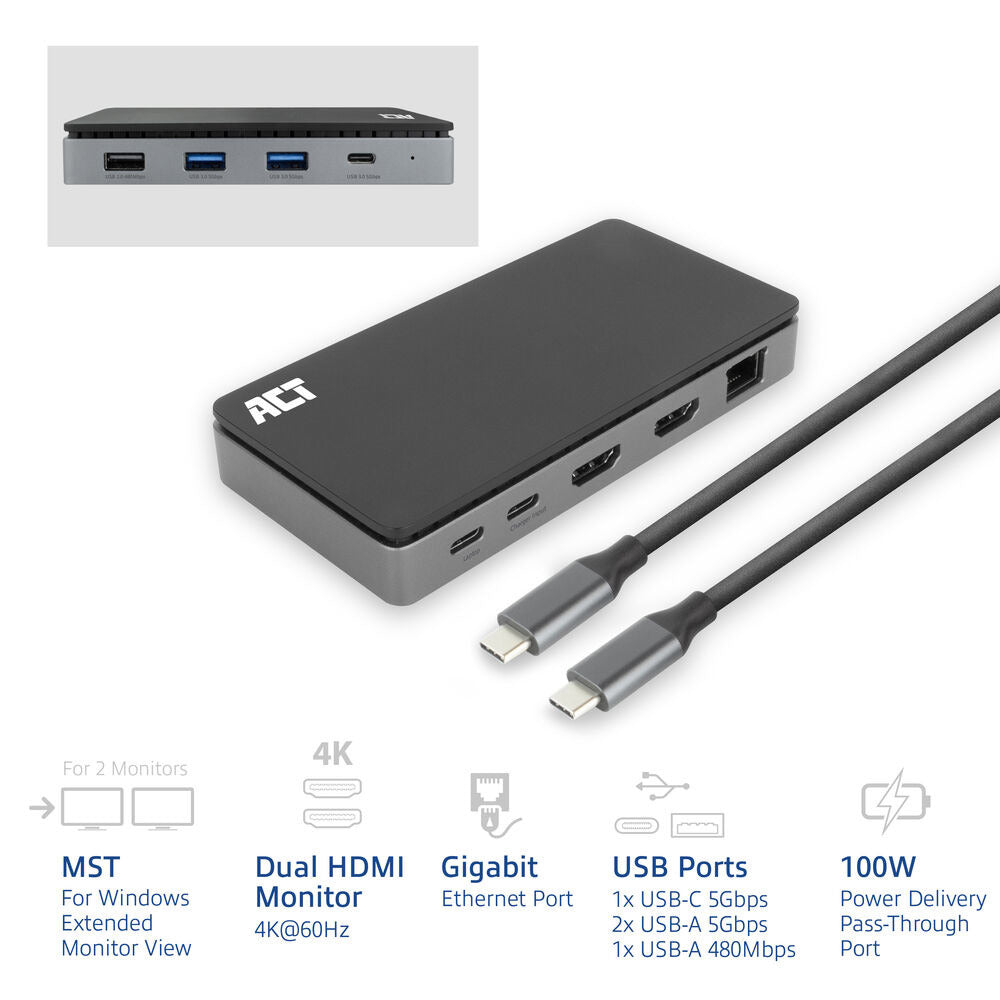 Docking station act connectivity usb - c 4k mst 2 monitores hdmi - ethernet - usb - c - 3x usb - a - pd pass - through cable 1m