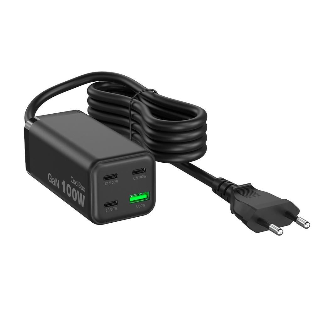 Estacion de carga usb coolbox 100w gan 3x usb tipo c - 1x usb tipo a negro cable 1.5m negro