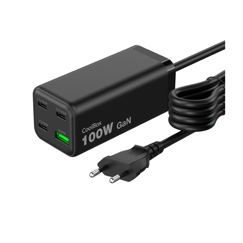 Estacion de carga usb coolbox 100w gan 3x usb tipo c - 1x usb tipo a negro cable 1.5m negro