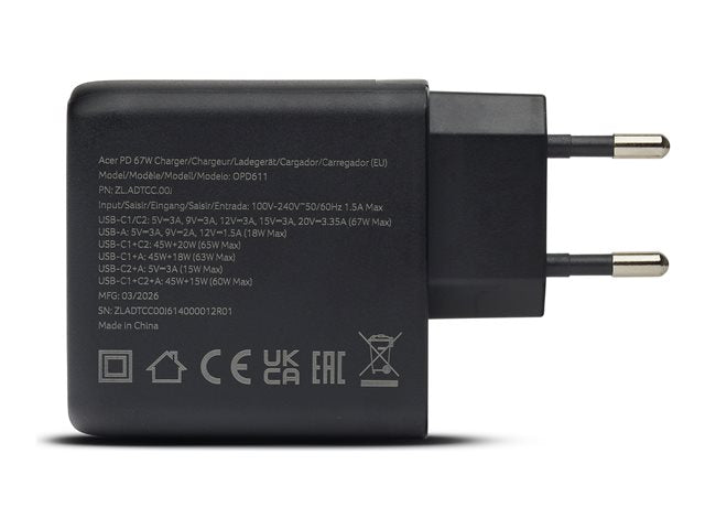 Cargador de pared acer 67w 2x usb tipo c 1x usb tipo a negro + cable usb tipo c