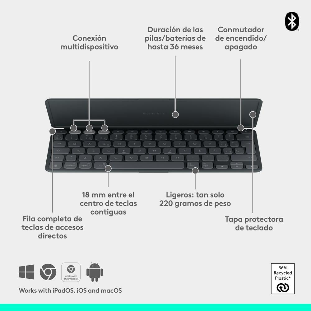 Teclado Logitech keys to go 2 for ipad inalámbrico Grafito detalle #grafito
