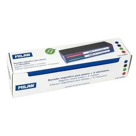 Pack Milan 165894/ Borrador de Pizarra Magnético + 4 Rotuladores para Pizarra/ 3.7mm/ Colores Surtidos - PixelPlaza
