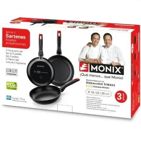 Pack 3 Sarténes Monix Hermanos Torres M240000/ Ø18cm/ Ø22cm/ Ø26cm/ Aluminio forjado/ Apta para Inducción - PixelPlaza