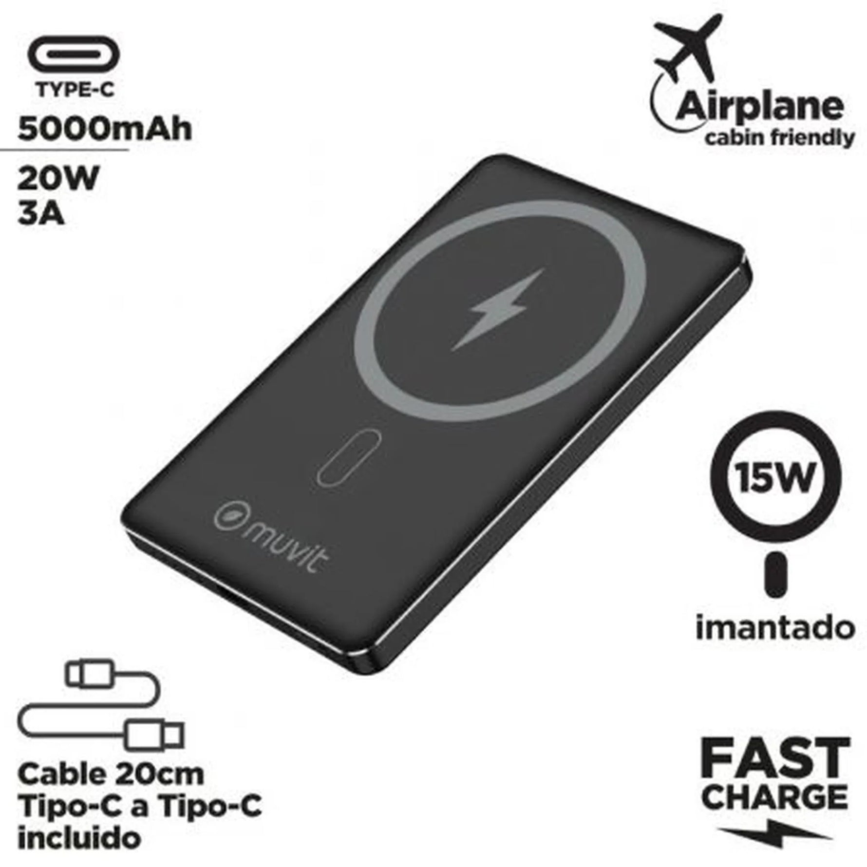 Powerbank 5000mAh Muvit For Change MCCHP0009/ 20W/ Wireless/ Negra/ Incluye Cable USB Tipo-C - PixelPlaza