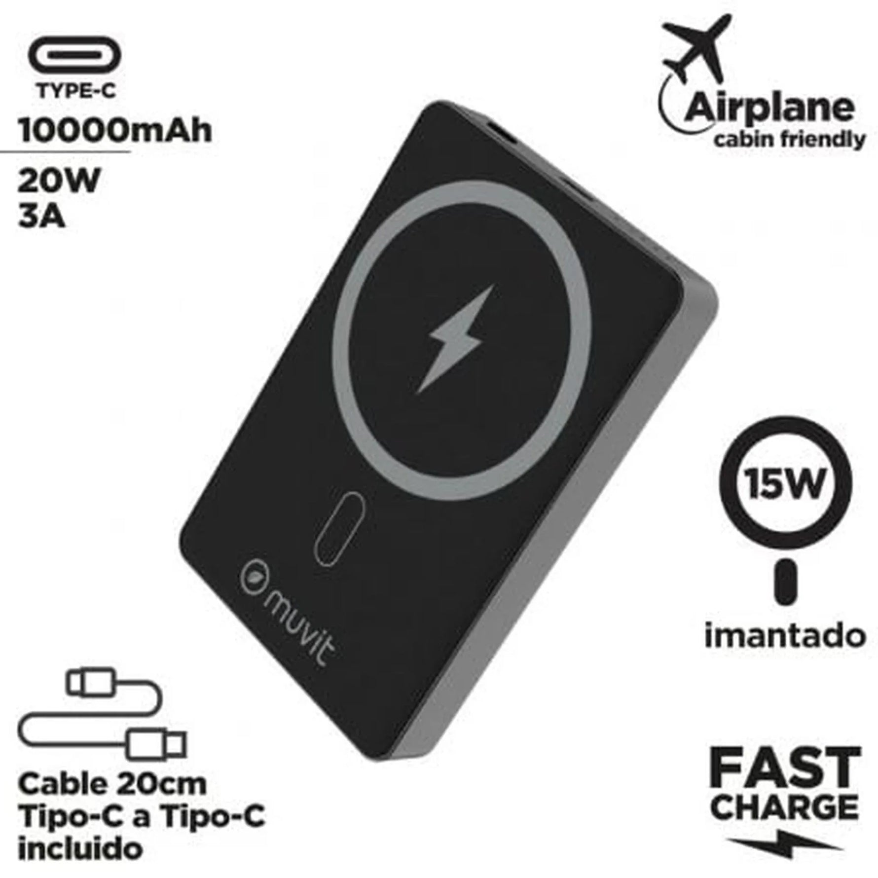 Powerbank 10000mAh Muvit For Change MCCHP0010/ 20W/ Wireless/ Negra/ Incluye Cable USB Tipo-C - PixelPlaza